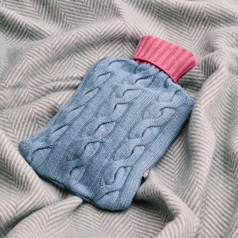 Cashmere Blend Cable Knit Hot Water Bottle Cover - Jade & Dusky Pink