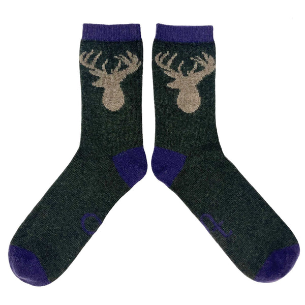 Men's Dark Green Stag Lambswool Ankle Socks