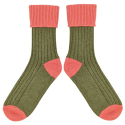 Khaki Green & Coral Cashmere Blend Slouch Socks