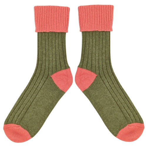 Women's Soft Cashmere Blend Slouch Socks - Khaki Green & Coral