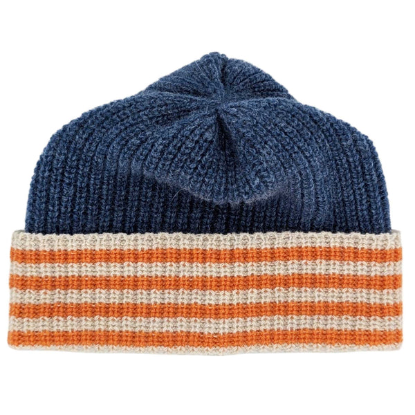 Kids' Lambswool Beanie - Denim & Orange Stripe