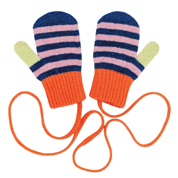 Kids' Blue Stripe Lambswool Mittens on a String