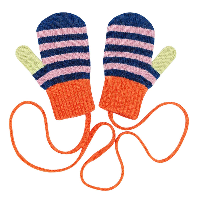 Kids' Blue Stripe Lambswool Mittens on a String