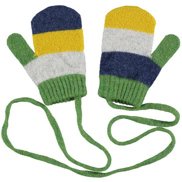 lambswool mittens on a string for kids age 2 - 4 years old with stripes of navy grey & yellow