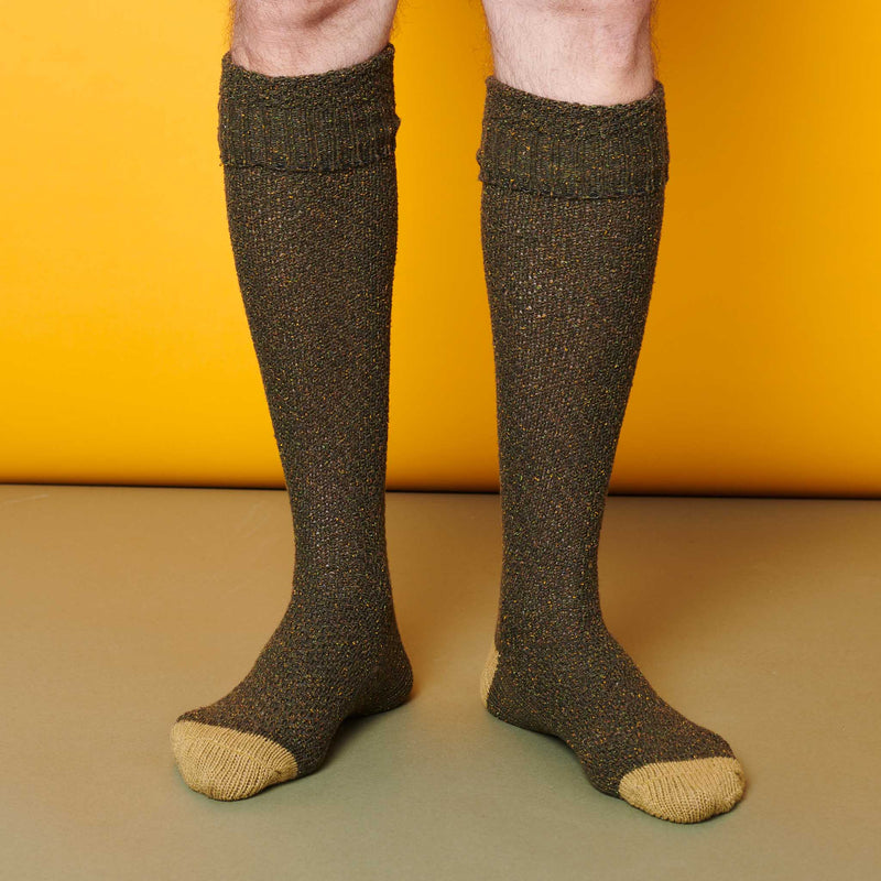 Unisex Dark Green & Lime Recycled Silk Blend Knee Socks