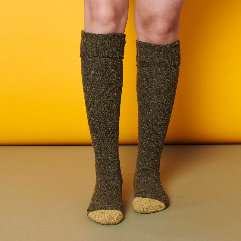 Unisex Dark Green & Lime Recycled Silk Blend Knee Socks