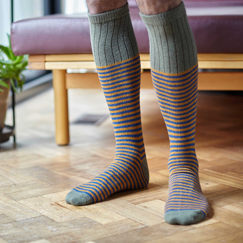 Men's Navy & Mustard Stripe Lambswool Knee Socks