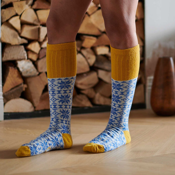 Ladies Blue Fair Isle  Lambswool Knee Socks