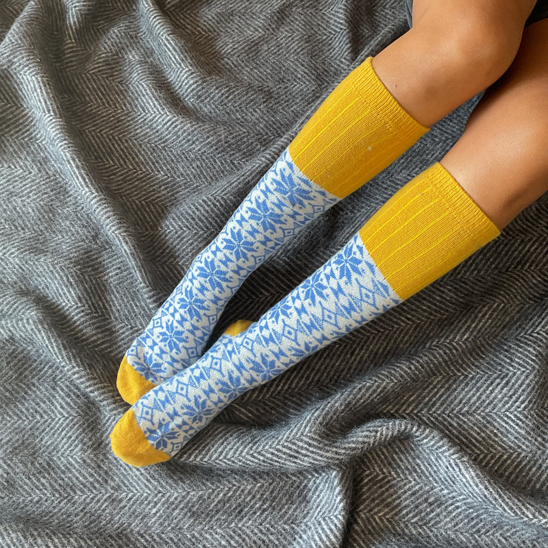 Ladies Blue Fair Isle  Lambswool Knee Socks