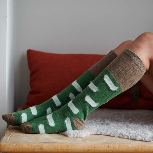 Ladies Green Sheep Lambswool Knee Socks