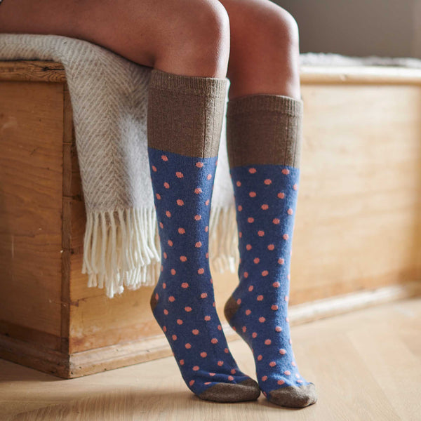 Ladies Denim & Coral Small Spot Lambswool Knee Socks