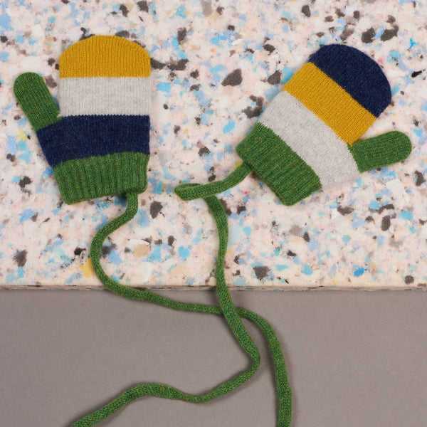 Kids' Navy & Electric Yellow Block Lambswool Mittens on a String