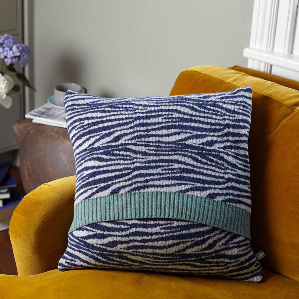 Knitted lambswool  Grey & Navy Zebra Print Cushion