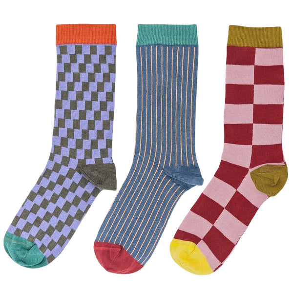 Red & Blue Pattern  - Pack of 3 Women's Organic Cotton Ankle Socks