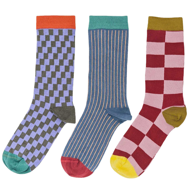 Red & Blue Pattern  - Pack of 3 Women's Organic Cotton Ankle Socks