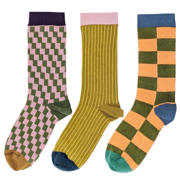 Pink & Green Pattern  - Pack of 3 Women's Organic Cotton Ankle Socks