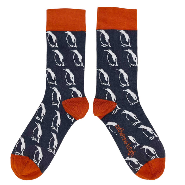 Ladies cotton ankle socks grey orange penguin