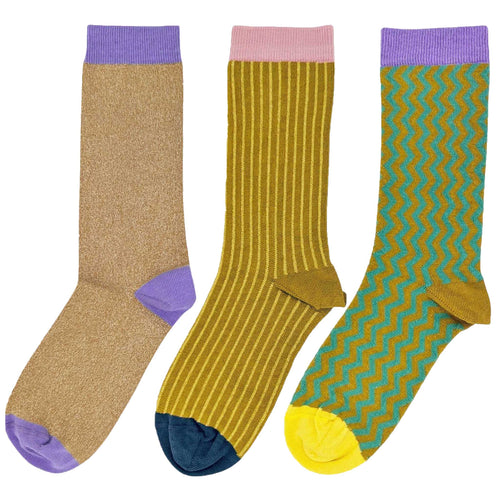Pack of 3 Women's Organic Cotton Ankle Socks -Lime & Lilac Pattern