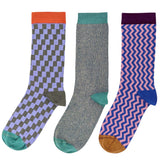 Purple & Blue Pattern  - Pack of 3 Women's Organic Cotton Ankle Socks