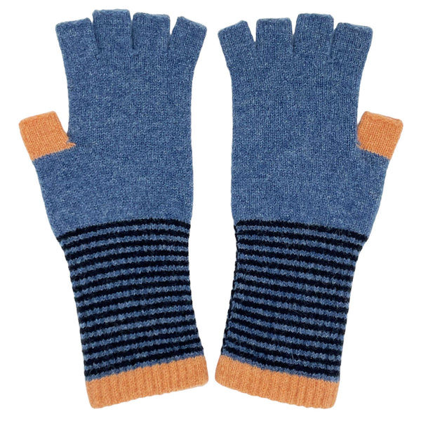 Women's Moss Denim Blue & Peach Lambswool Fingerless Gloves