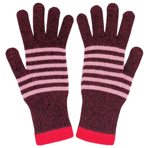 Women's Dark Red & Pink Stripe Lambswool Gloves