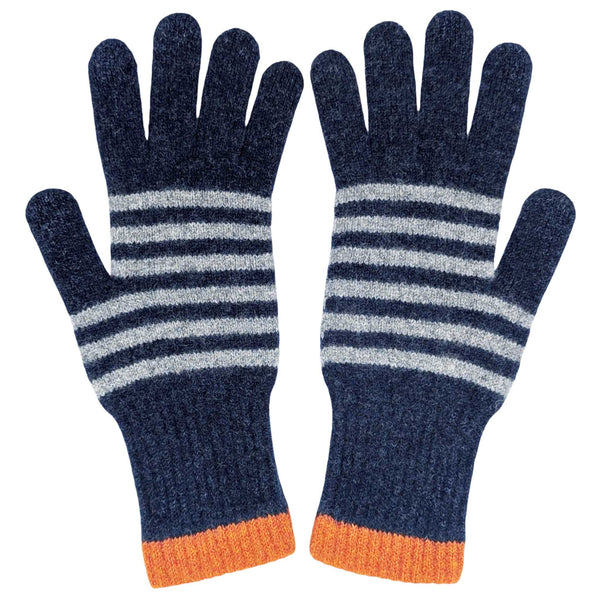 Pair of striped gloves with blue, gray, and orange colors on a white background