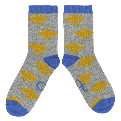 Women's Soft Lambswool Ankle Socks - Grey Bees