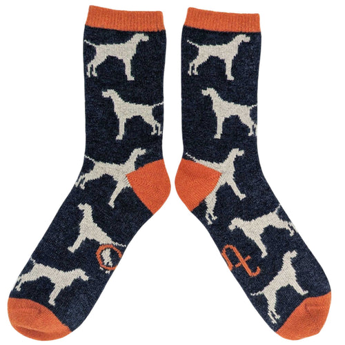 Women's Soft Lambswool Ankle Socks - Navy Dogs