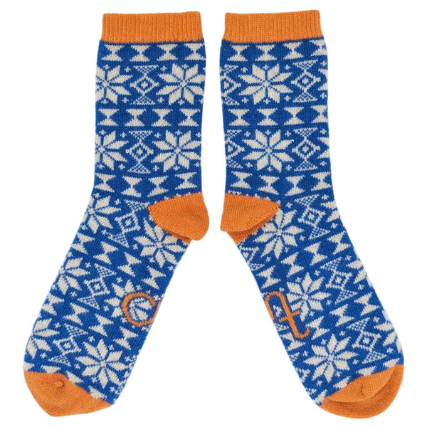 Women's Bright Blue Fair Isle Lambswool Ankle Socks
