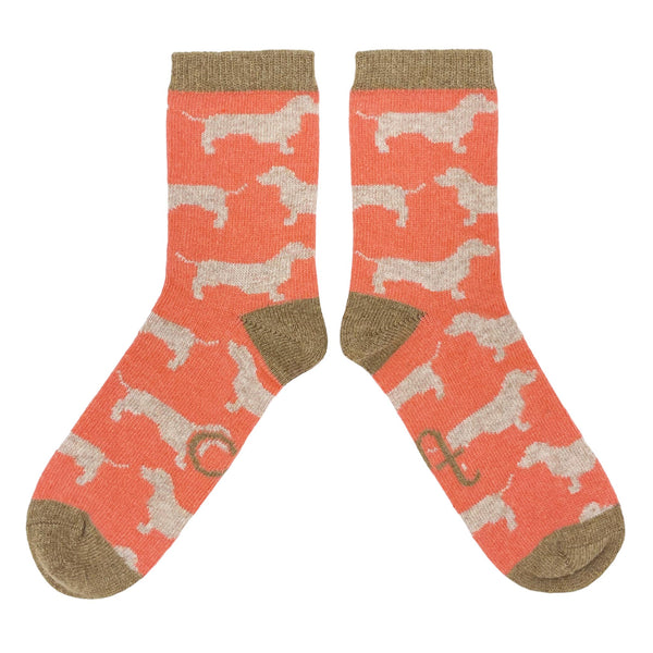 ANKLE SOCKS - lambswool - women's  - sausage dog - coral