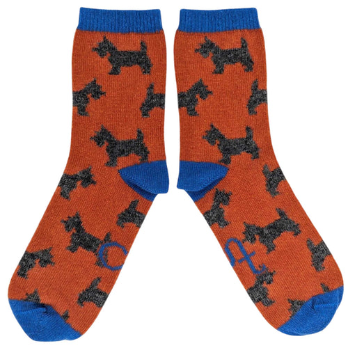 Women's Soft Lambswool Ankle Socks - Orange Scottie Dogs