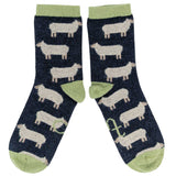 Women's Navy & Mint Green Sheep Lambswool Ankle Socks