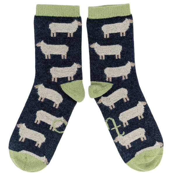 Women's Navy & Mint Green Sheep Lambswool Ankle Socks