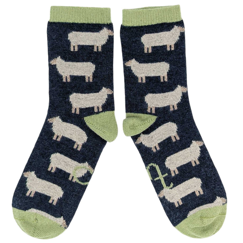 Women's Navy & Mint Green Sheep Lambswool Ankle Socks