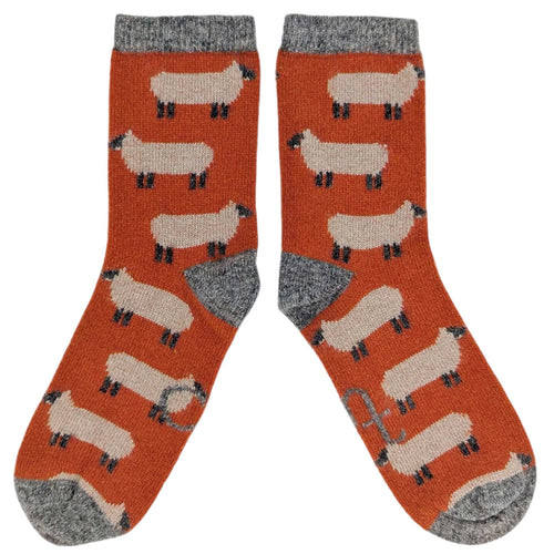 Women's Soft Lambswool Ankle Socks - Orange  & Grey Sheep