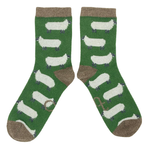 Women's Soft Lambswool Ankle Socks - Green Sheep