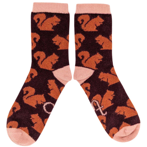Women's Soft Lambswool Ankle Socks - Plum Squirrels