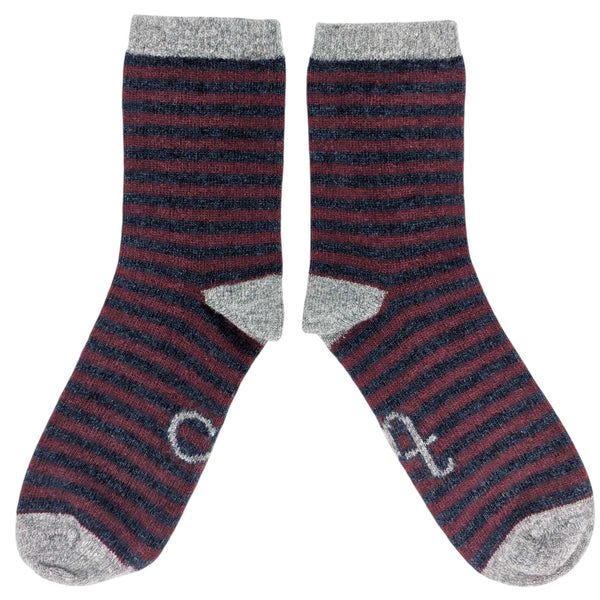 Women's Plum & Navy Stripe Lambswool Ankle Socks