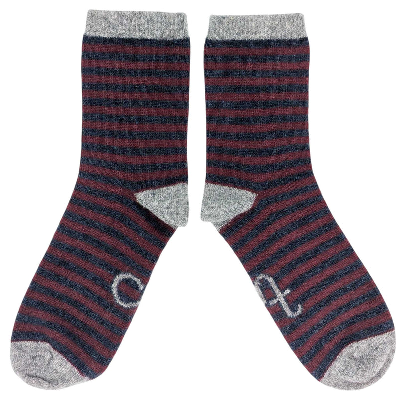 Women's Plum & Navy Stripe Lambswool Ankle Socks