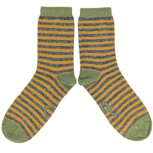 Women's Soft Lambswool Ankle Socks -  Grey & Yellow Stripe