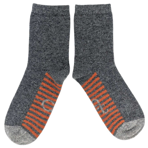 Women's Soft Lambswool Ankle Socks -  Charcoal & Orange Striped Sole