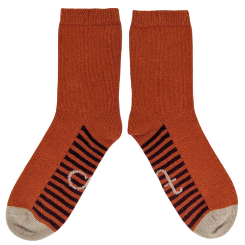 Women's Soft Lambswool Ankle Socks - Orange & Plum Striped Sole
