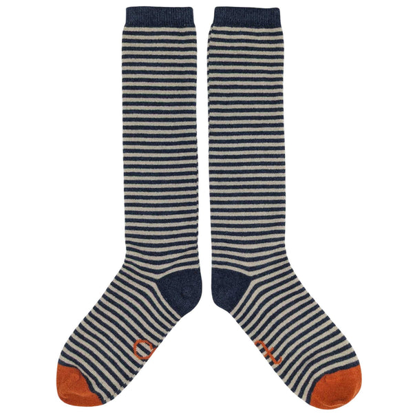 Women's Navy & Grey Stripe Lambswool Knee Socks
