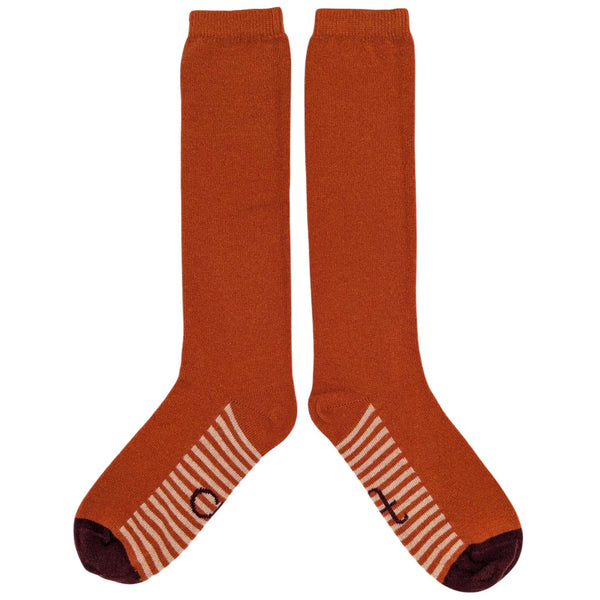 Women's Orange Striped Sole Lambswool Knee Socks
