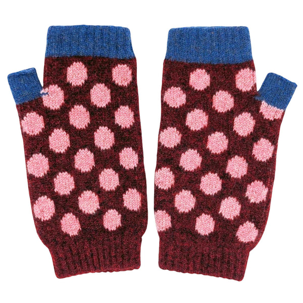 Women's Dark Red & Pink Spot Lambswool Wrist Warmers