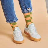 Women's Khaki & Peach Battenburg Check Organic Cotton Ankle Socks