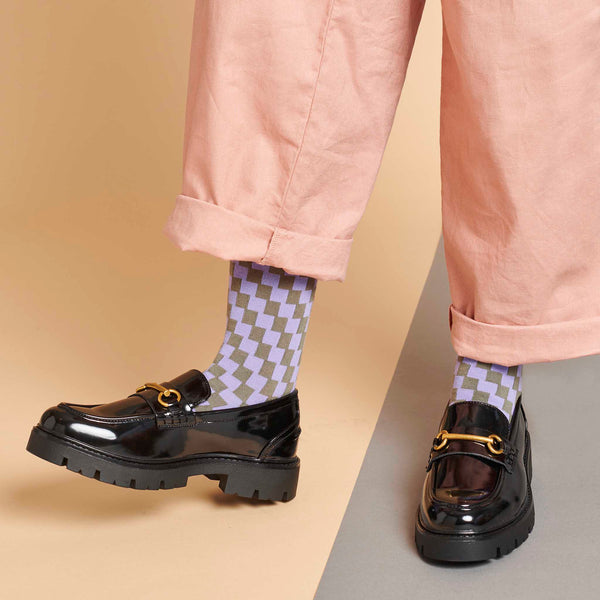 Women's Lilac & Grey Check Organic Cotton Ankle Socks