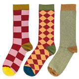 Red & Green Pattern  - Pack of 3 Women's Organic Cotton Ankle Socks