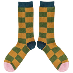 Men's Khaki & Ginger Battenburg Check Organic Cotton Ankle Socks