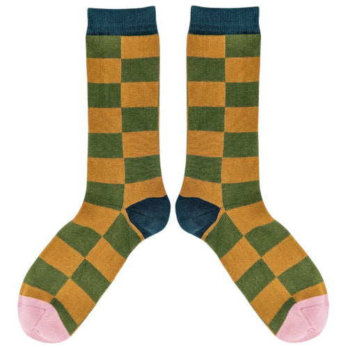 Men's Organic Cotton Ankle Socks - Khaki & Ginger Big Check